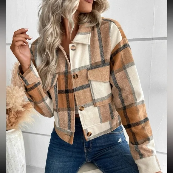 Boho navy blue plaid button down cropped jacket - Picture 9 of 16